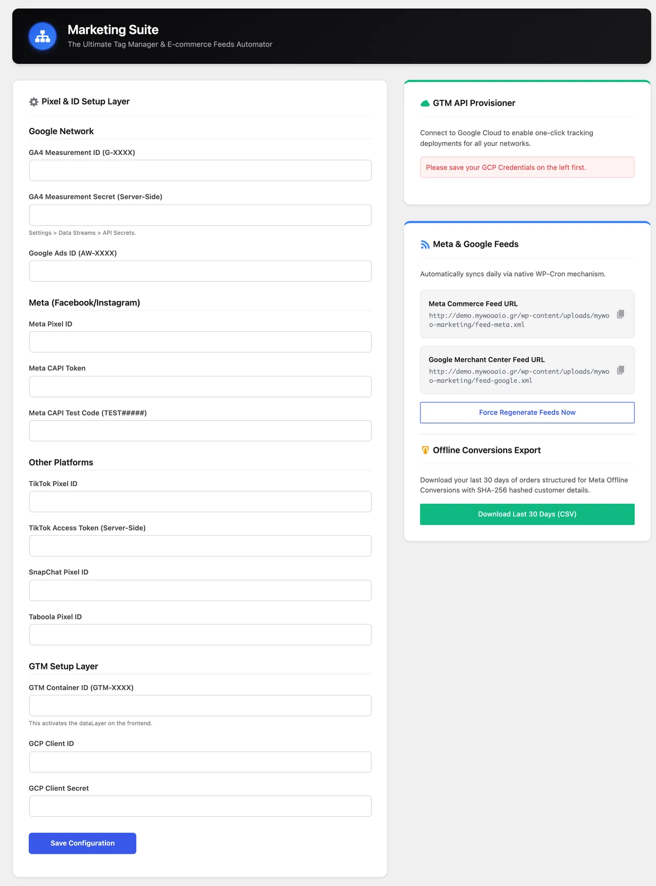 Η σελίδα Marketing Suite μέσα στο WooCommerce, με τα πεδία πλατφορμών, τα feeds και την εξαγωγή offline conversions